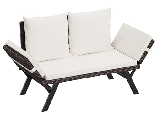 Flamaker Outdoor Convertible Sofa, Woven Rattan Patio Furniture Sunbed with Adjustable Armrests, Removable Cushions and Pillows for Patio, Porch, Pool (Brown Lounger & Beige Pillowcase)