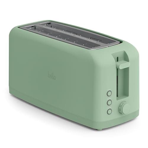 bella 4 Slice Slim Toaster, Fits-anywhereTM Kitchenware, 6 Setting Shade Control with Reheat & Cancel Buttons, Removable Crumb Tray, 10” Long Slot, Anti Jam & Auto Shutoff, 900 Watt, Seaglass