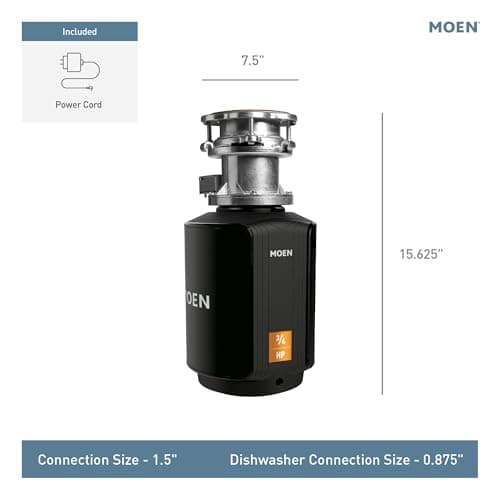 Moen Host Series Disposer with Control Activation 3/4 HP Garbage Disposal with Sound Reduction, Power Cord Included, GXB75C