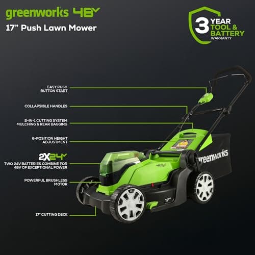 Greenworks 48V (2 x 24V) 17" Cordless (Push) Lawn Mower (125+ Compatible Tools), (2) 4.0Ah Batteries and Dual Port Rapid Charger Included