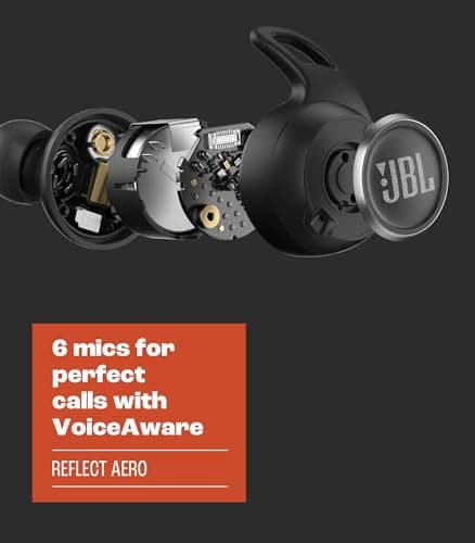 JBL Reflect Aero - True Wireless Noise Cancelling Active Earbuds, 6 mics for Perfect Calls with VoiceAware, Extreme dustproof & Waterproof, Comfortable, Secure fit, 24hr with Fast-Charging (Black)