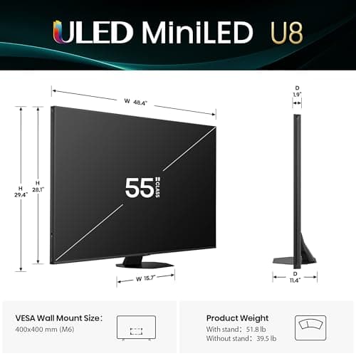 Hisense 55" Class U8 Mini-LED ULED 4K UHD Google Smart TV (55U8QG, 2025 Model) - QLED, Native 165Hz, VRR 288, Up to LD5600, 5000 Nits, HDR10+, Dolby Vision IQ · Atmos, IMAX Enhanced, 4.1.2 Ch Audio