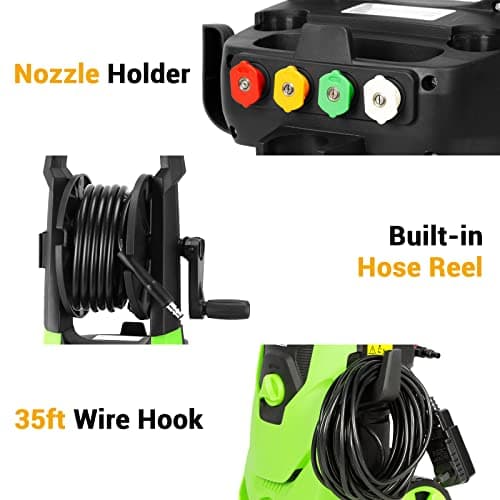 Rock&Rocker Electric Pressure Washer, Power Washer 2150PSI Max 2.6 GPM Power Washer with Hose Reel, 4 Quick Connect Nozzles, Soap Tank, for Fence, Green (HRX14P-2)