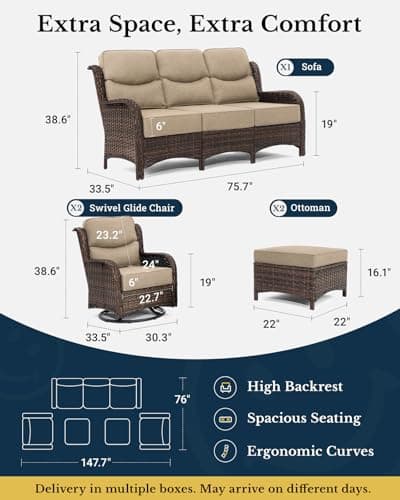 HILLGA Luxury High Back Patio Furniture Set with 6-Inch Thick Cushion, 5-Piece Outdoor Conversation Set with Sofa, Swivel Rocker Chairs & Ottomans, Ideal for Porch Pool Deck Yard (Beige)