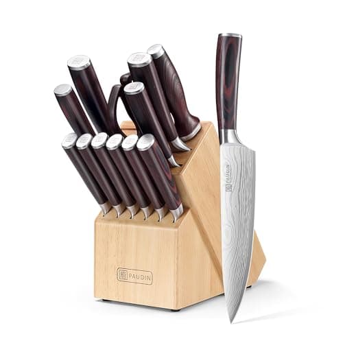 PAUDIN Kitchen Knife Set with Block, 14 Pieces Knife Sets for Kitchen with Block, High Carbon German Stainless Steel Sharp Chef Knife Set with Ergonomic Pakkawood Handle