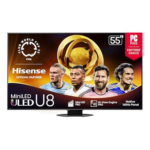 Hisense 55" Class U8 Mini-LED ULED 4K UHD Google Smart TV (55U8QG, 2025 Model) - QLED, Native 165Hz, VRR 288, Up to LD5600, 5000 Nits, HDR10+, Dolby Vision IQ · Atmos, IMAX Enhanced, 4.1.2 Ch Audio