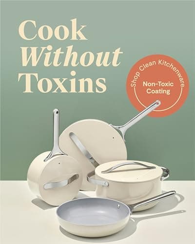Caraway Nonstick Ceramic Cookware Set (12 Piece) Pots, Pans, Lids and Kitchen Storage - Non Toxic - Oven Safe & Compatible with All Stovetops - Cream