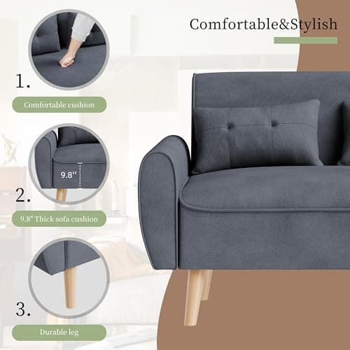 Vongrasig 47" Small Modern Loveseat Sofa, Mid Century Linen Fabric 2-Seat Sofa Couch Tufted Love Seat with Back Cushions and Tapered Legs for Living Room, Bedroom and Small Space (Dark Gray)