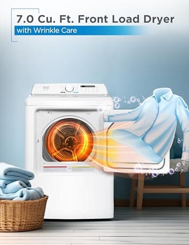 BLACK+DECKER 7.0 Cu. Ft. Front Load Dryer, Clothes Dryer with LED Display and Dial Control, 5 Senor and Manual Dry Selections, Wrinkle Care, 240V, BLD67ME, White