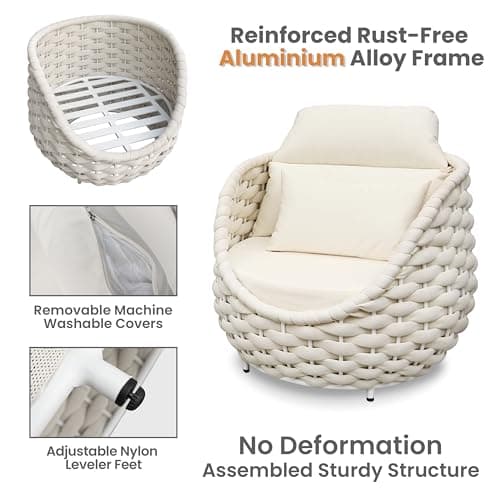 Woven Rope Outdoor Sofa Set: 4 Pieces Aluminum Patio Conversation Set Assembled - All Weather Cushioned Porch Furniture Couch - Modern Metal Lounge Set for Deck Yard Resort Hotel Sunroom, Beige