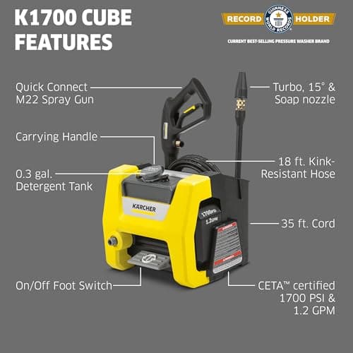 Kärcher Pressure Washer K1700 Cube, CETA Certified, 3 Spray Nozzles, Detergent Tank, for Cars, Driveways, Siding, Patios, 1.2 GPM