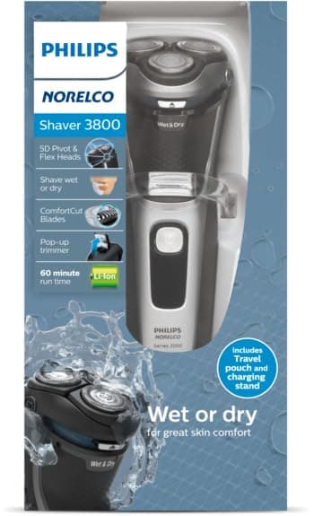 Philips Norelco Shaver 3800, Rechargeable Wet & Dry Shaver with Pop-up Trimmer, Charging Stand and Storage Pouch, Space Gray, S3311/85