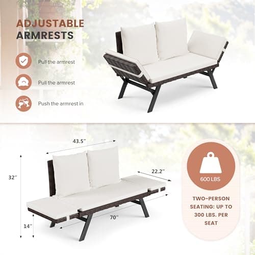 Flamaker Outdoor Convertible Sofa, Woven Rattan Patio Furniture Sunbed with Adjustable Armrests, Removable Cushions and Pillows for Patio, Porch, Pool (Brown Lounger & Beige Pillowcase)