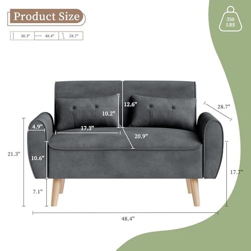 Vongrasig 47" Small Modern Loveseat Sofa, Mid Century Linen Fabric 2-Seat Sofa Couch Tufted Love Seat with Back Cushions and Tapered Legs for Living Room, Bedroom and Small Space (Dark Gray)