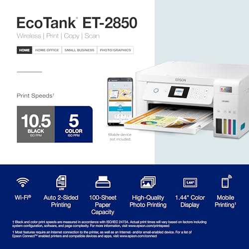 Epson EcoTank ET-2850 Wireless Color All-in-One Cartridge-Free Supertank Printer with Scan, Copy and Auto 2-Sided Printing - White, Medium