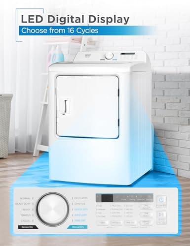 BLACK+DECKER 7.0 Cu. Ft. Front Load Dryer, Clothes Dryer with LED Display and Dial Control, 5 Senor and Manual Dry Selections, Wrinkle Care, 240V, BLD67ME, White