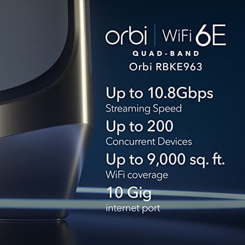NETGEAR Orbi Quad-Band WiFi 6E Mesh Network System (RBKE963), Router + 2 Satellite Extenders, Security Features, Up to 10.8 Gbps, Coverage up to 9,000 sq. ft., 200 Devices, 10 Gig Internet Port