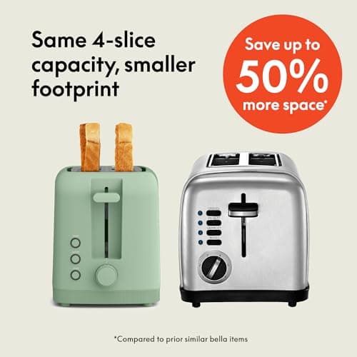 bella 4 Slice Slim Toaster, Fits-anywhereTM Kitchenware, 6 Setting Shade Control with Reheat & Cancel Buttons, Removable Crumb Tray, 10” Long Slot, Anti Jam & Auto Shutoff, 900 Watt, Seaglass