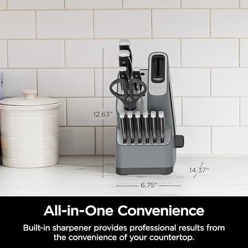 Ninja K32012 Foodi NeverDull Premium Knife System, 12 Piece Knife Block Set with Built-in Sharpener, German Stainless Steel Knives, Black