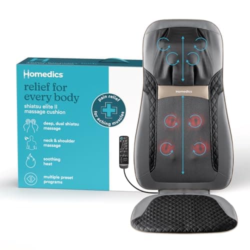 Homedics Back Massager with Heat, Shiatsu Elite II Heated Neck and Back Massage Cushion. 3 Different Massage Styles and 3 Massage Zones. Comes with Controller and Chair Straps