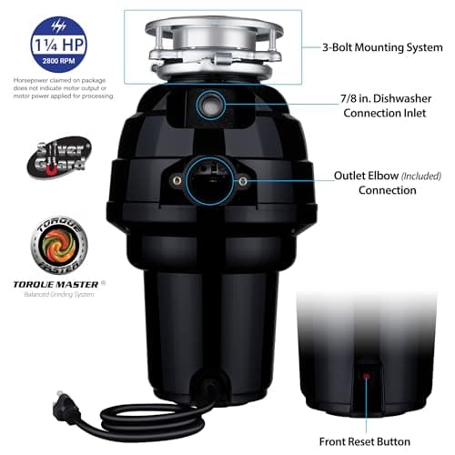 Waste Maid 10-US-WM-658-3B Garbage Disposal Anti-Jam Stainless Steel Food Waste Grinding System, 1-1/4 HP Premium, Black