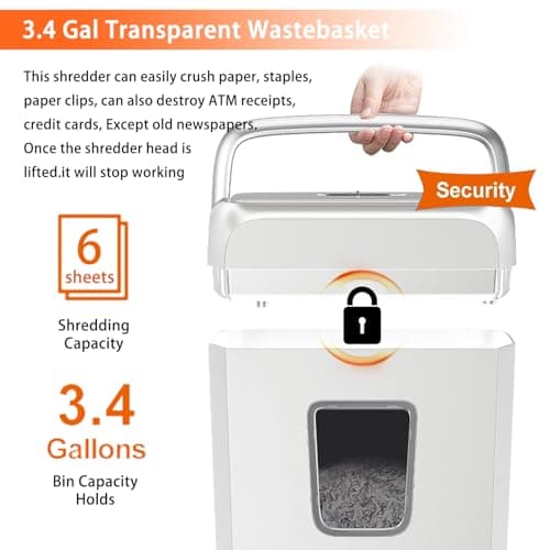 Bonsaii Low Noise Operation Paper Shredder, 6-Sheet Cross-Cut, Credit Card Shredder, Home Office, Handle for Document, Mail, Staple, 3.4 Gal Wastebasket, Easy-Carry Handle, White(C237-B)