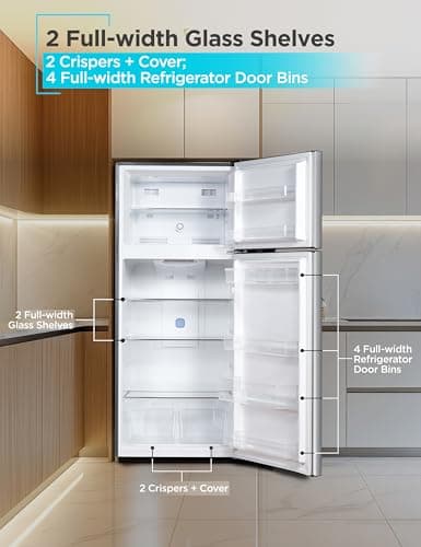 BLACK+DECKER 14.6 Cu. Ft. Top Mount Refrigerator with Freezer, 2 Door Refrigerator with Top Freezer and Adjustable Temperature Control, ENERGY STAR, BR1460HS, Stainless Steel Look