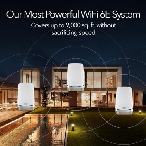 NETGEAR Orbi Quad-Band WiFi 6E Mesh Network System (RBKE963), Router + 2 Satellite Extenders, Security Features, Up to 10.8 Gbps, Coverage up to 9,000 sq. ft., 200 Devices, 10 Gig Internet Port