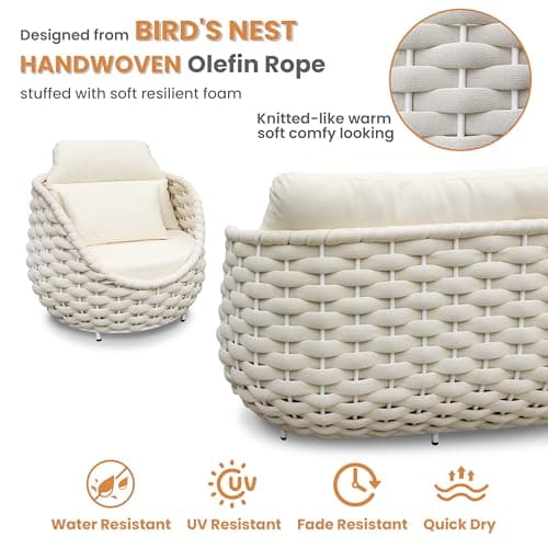 Woven Rope Outdoor Sofa Set: 4 Pieces Aluminum Patio Conversation Set Assembled - All Weather Cushioned Porch Furniture Couch - Modern Metal Lounge Set for Deck Yard Resort Hotel Sunroom, Beige