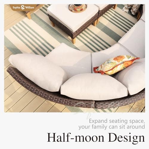 Sophia & William Patio Furniture Set with Fire Pit Table, 10 Piece Half Moon Outdoor Wicker Sectional Sofa Set, Rattan Conversation Set with 56-Inch Fire Pit Table for Backyard, Deck, Pool(Beige)