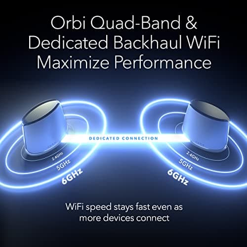 NETGEAR Orbi Quad-Band WiFi 6E Mesh Network System (RBKE963), Router + 2 Satellite Extenders, Security Features, Up to 10.8 Gbps, Coverage up to 9,000 sq. ft., 200 Devices, 10 Gig Internet Port