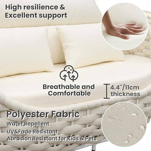Woven Rope Outdoor Sofa Set: 4 Pieces Aluminum Patio Conversation Set Assembled - All Weather Cushioned Porch Furniture Couch - Modern Metal Lounge Set for Deck Yard Resort Hotel Sunroom, Beige