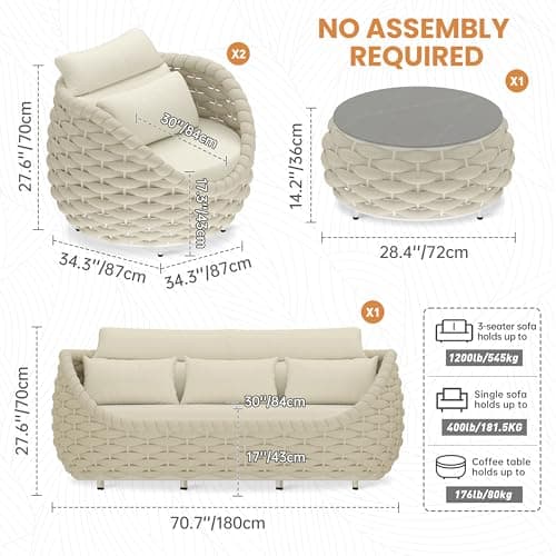 Woven Rope Outdoor Sofa Set: 4 Pieces Aluminum Patio Conversation Set Assembled - All Weather Cushioned Porch Furniture Couch - Modern Metal Lounge Set for Deck Yard Resort Hotel Sunroom, Beige