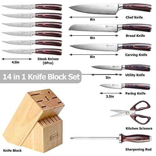 PAUDIN Kitchen Knife Set with Block, 14 Pieces Knife Sets for Kitchen with Block, High Carbon German Stainless Steel Sharp Chef Knife Set with Ergonomic Pakkawood Handle