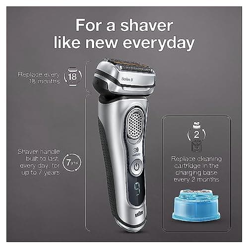 Braun Electric Razor for Men, Waterproof Foil Shaver, Series 9 9390cc, Wet & Dry Shave, with Pop-Up Beard Trimmer for Grooming, Cleaning & Charging SmartCare Center and Leather Travel Case, Silver