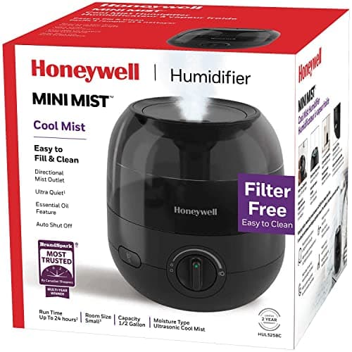 Honeywell HUL525BC Mini Mist™ Ultrasonic Cool Mist Humidifier, Black, with Essential Oil Tray, Variable Output Control, Auto Shut-off, Ultra Quiet Operation, Directional Mist Outlet, Cool Visible Mist