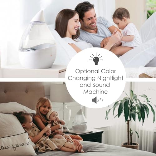 Crane White Drop 4 in 1 Ultrasonic Cool Mist Top Fill Humidifier with Sound Machine, 1 Gallon Tank, For Large Rooms, Clear and White, Baby Nursery Humidifier