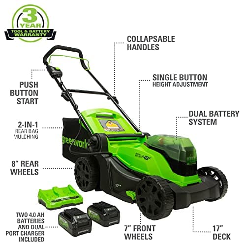 Greenworks 48V (2 x 24V) 17" Cordless (Push) Lawn Mower (125+ Compatible Tools), (2) 4.0Ah Batteries and Dual Port Rapid Charger Included