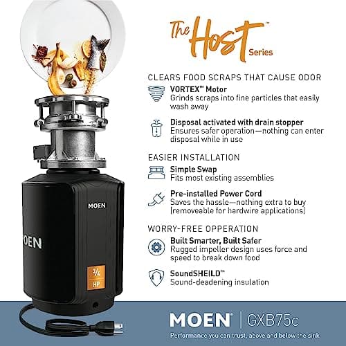 Moen Host Series Disposer with Control Activation 3/4 HP Garbage Disposal with Sound Reduction, Power Cord Included, GXB75C