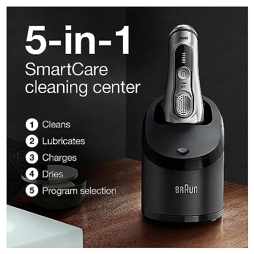 Braun Electric Razor for Men, Waterproof Foil Shaver, Series 9 9390cc, Wet & Dry Shave, with Pop-Up Beard Trimmer for Grooming, Cleaning & Charging SmartCare Center and Leather Travel Case, Silver