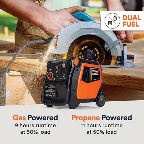 Generac 5,200-Watt Dual-Fuel Portable Inverter Generator - Gas and Propane Compatible - Compact and Lightweight Design - Clean, Stable Power - COsense Technology - Orange/Black - 50 State Compliant