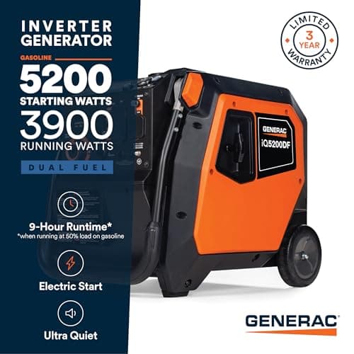 Generac 5,200-Watt Dual-Fuel Portable Inverter Generator - Gas and Propane Compatible - Compact and Lightweight Design - Clean, Stable Power - COsense Technology - Orange/Black - 50 State Compliant