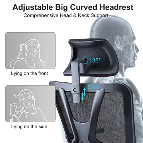 Ticova Ergonomic Office Chair - High Back Desk Chair with Adjustable Lumbar Support, Headrest & 3D Armrest - 130°Rocking Mesh Computer Chair