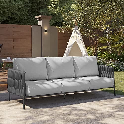 EAST OAK Life Chatter Outdoor Sofa, Outdoor Furniture 3 Seats with Waterproof Thick Cushions, Modern Patio Sofa Deep Seating for Outdoor Garden Porch Blackyard, Earth Black & Misty Grey