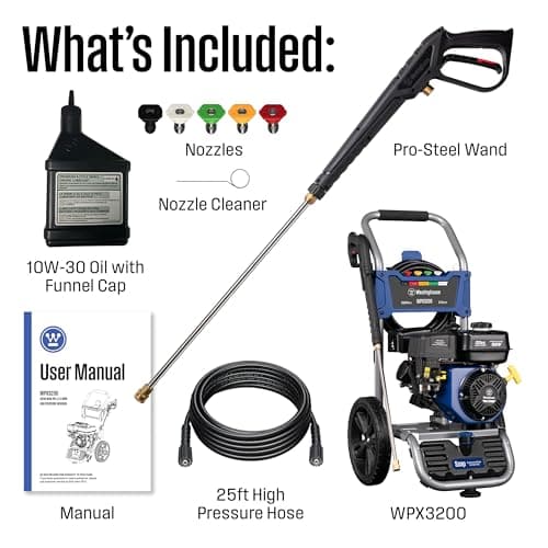 Westinghouse WPX3200 Gas Pressure Washer, 3200 PSI and 2.5 Max GPM, Onboard Soap Tank, Spray Gun and Wand, 5 Nozzle Set, for Cars/Fences/Driveways/Homes/Patios/Furniture