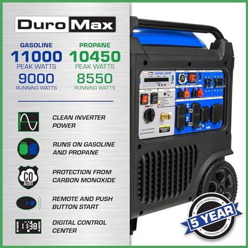 DuroMax XP11000iH 11,000-Watt Dual Fuel Portable Digital Inverter Generator - Gas & Propane, Remote Electric Start, Transfer Switch Ready, RV & Emergency Ready