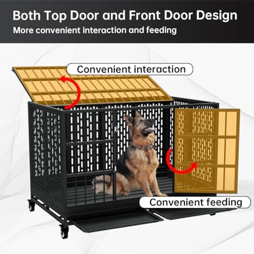 48/42/38 Inch Heavy Duty Dog Crate with Wheels, Folding Metal Big Dog Cage for Large and Medium Dogs, Extra Large XL XXL Indestructible Dog Crate with Removable Tray.