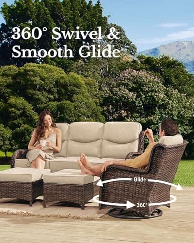HILLGA Luxury High Back Patio Furniture Set with 6-Inch Thick Cushion, 5-Piece Outdoor Conversation Set with Sofa, Swivel Rocker Chairs & Ottomans, Ideal for Porch Pool Deck Yard (Beige)
