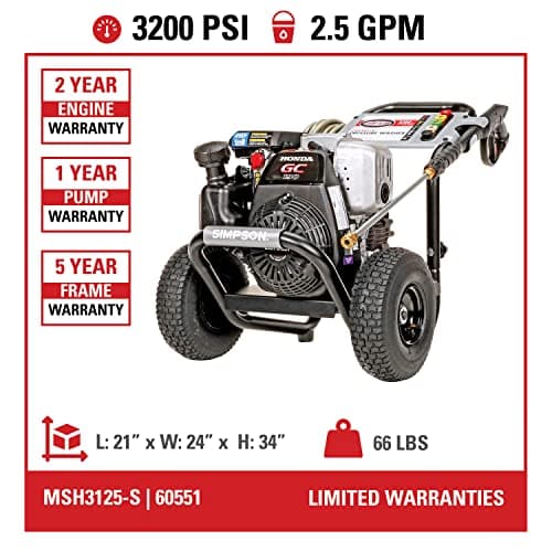 SIMPSON 3200PSI Gas Pressure Washer, 2.5GPM, Honda GC190 Engine, Spray Gun, 5 Nozzle Tips, 25ft Hose, 49 States