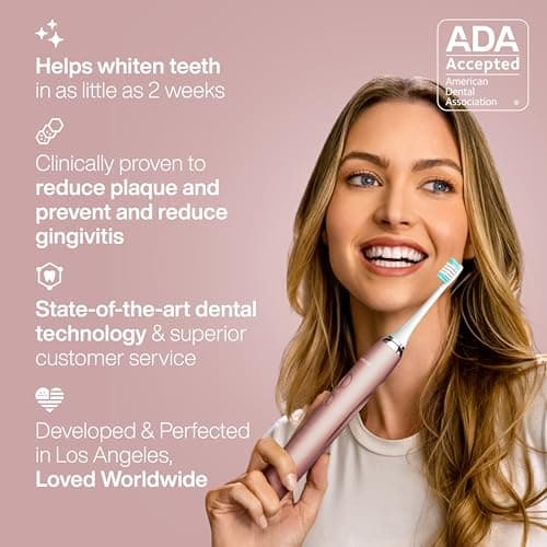 Aquasonic Vibe Series Ultra-Whitening Toothbrush – ADA Accepted Electric Toothbrush - 8 Brush Heads & Travel Case – 40,000 VPM Motor & Wireless Charging - 4 Modes w Smart Timer – Satin Rose Gold